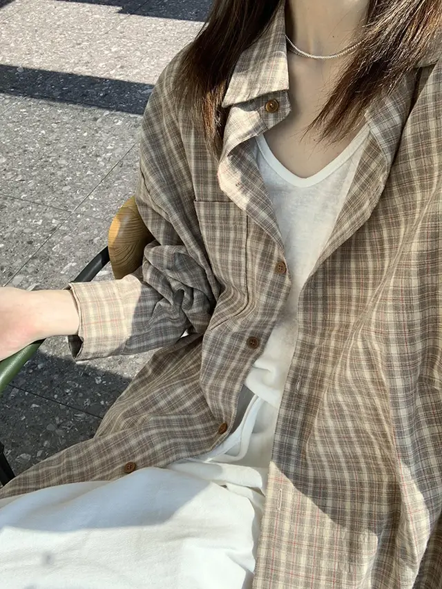 Arrival Loose fit Blue Plaid Long sleeve Sun protective Shirt Khaki Plaid - Shop at LoveMi