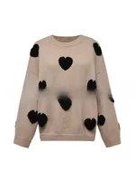 Women's 3D Jacquard Heart Pullover Sweater With Long Sleeves And Light Stretch - Khaki