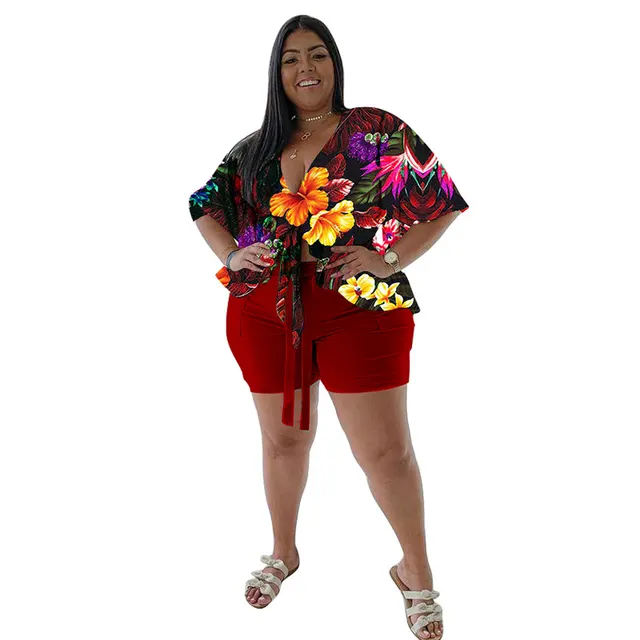 Women's Plus Size Casual T Shirt And Shorts Set With Print Red - Shop at LoveMi