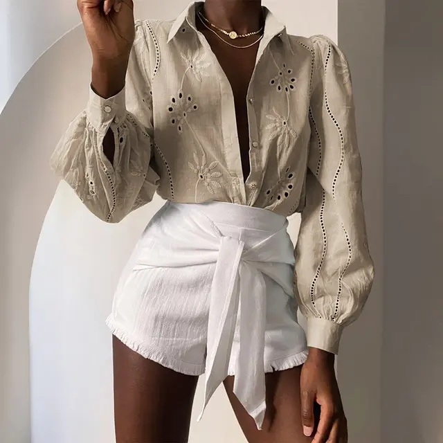 Casual Resort Fashion Hollow out Long sleeve Cardigan Blouse Apricot - Shop at LoveMi