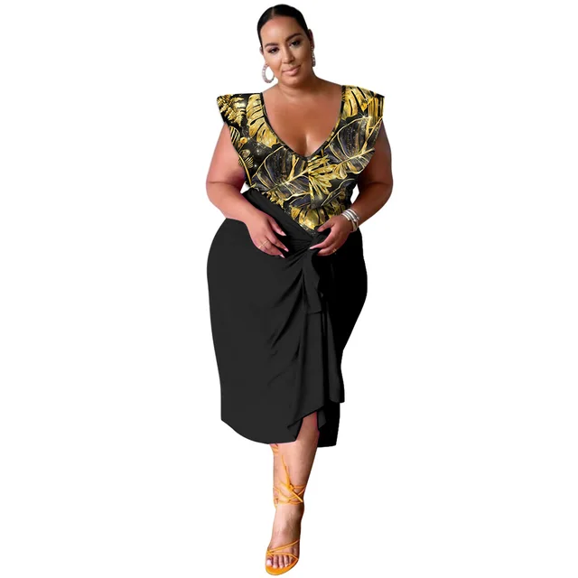 New Stylish Casual V neck Printed Jumpsuit Printed Skirt Plus size Two piece Set Black With Golden Flower - Shop at LoveMi