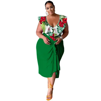 New Stylish Casual V neck Printed Jumpsuit Printed Skirt Plus size Two piece Set Green - Shop at LoveMi