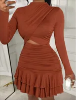 Women's Long Sleeved Ruffle Asymmetrical Pleated Slim Mini Skirt - Caramel Color-Xl