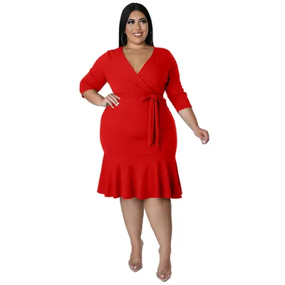 Sexy V Neck Lace Up Bodycon Dress With Ruffled Hem Plus Size Women's Wear Red - Shop at LoveMi