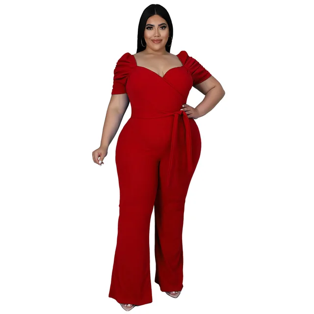 Women's Plus Size Stand Collar Ruffle Sleeve High Waist Jumpsuit Wide Leg Pants Red - Shop at LoveMi