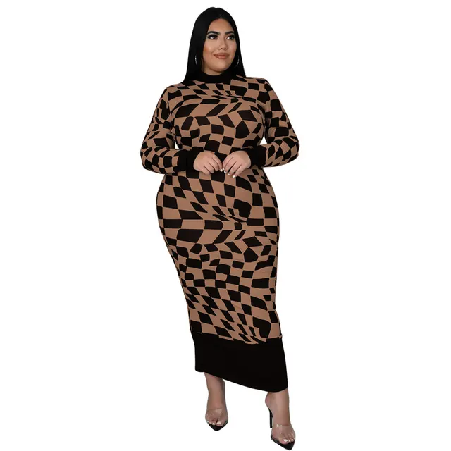 Women's Crew Neck Plaid Printed Long Sleeve Elegant Dress Brown - Shop at LoveMi