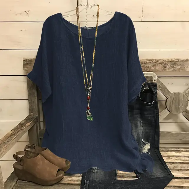 Women's Casual Loose fitting Fashionable Solid color Crew neck Top Navy Blue - Shop at LoveMi