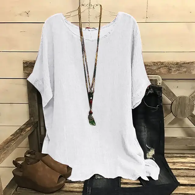 Women's Casual Loose fitting Fashionable Solid color Crew neck Top White - Shop at LoveMi