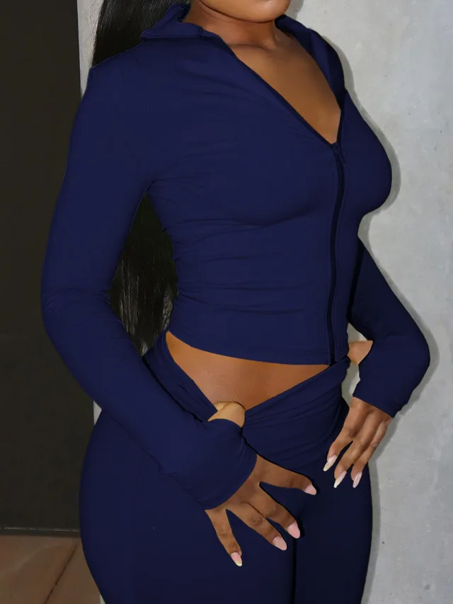 Yoga Sports Jacket And Tight fitting Pants Two piece Set Navy Blue - Shop at LoveMi