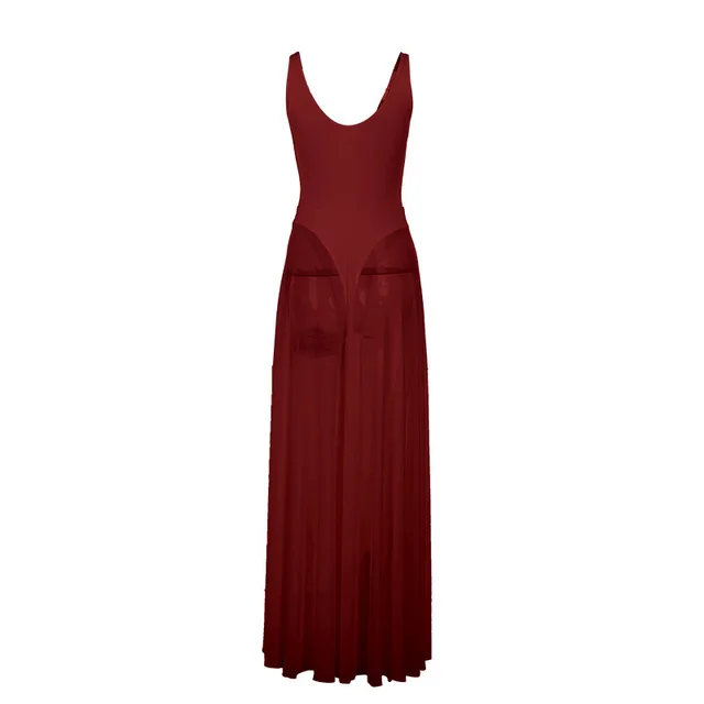 Women's Solid Color Elegant Resort Bodycon Mesh A Line Dress Wine Red - Shop at LoveMi