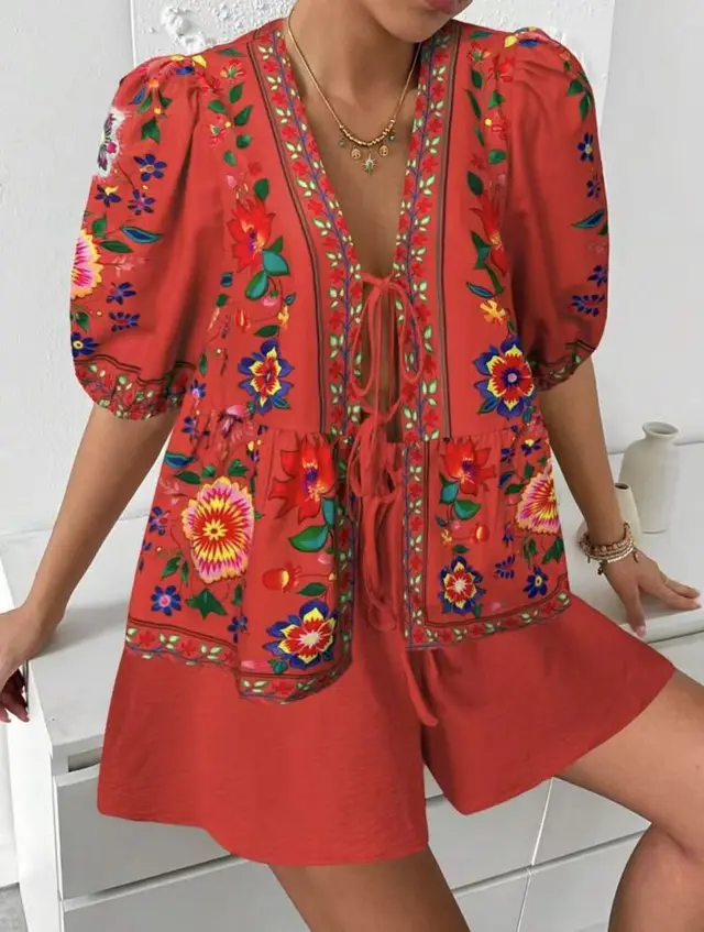 Women's Floral print Cardigan With Tie front Short sleeve Top And Shorts Set Red - Shop at LoveMi