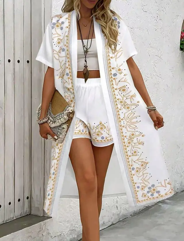 Women's Retro Ethnic Style Elegant Casual Long Cardigan With Print White - Shop at LoveMi