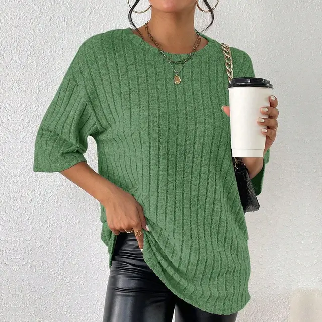 Women's Solid Color Ribbed Brushed Knit Loose Short Sleeve Top Green - Shop at LoveMi