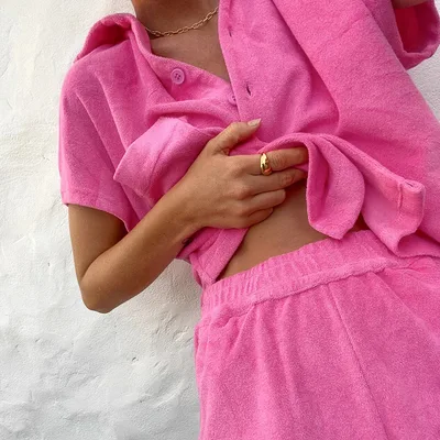 Women's Solid Colored Single Breasted Loose Fitting Fashionable Casual Homewear Set Rose - Shop at LoveMi