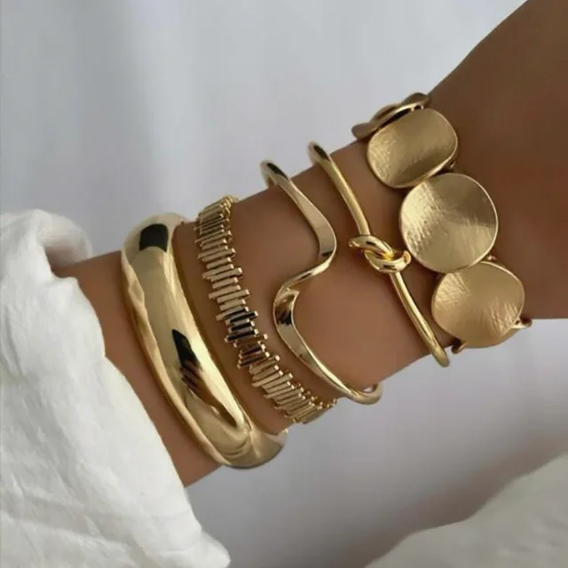 Women's Retro Minimalist Bracelet Set Featuring Wavy Knots Geometric Circles And Metal Openings Gold - Shop at LoveMi