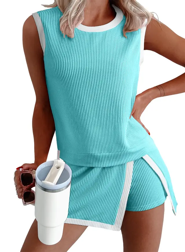 Ribbed Sleeveless Top Shorts Set Women Summer Casual Two Piece Outfit Blue Green - Shop at LoveMi