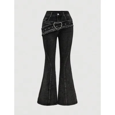 Punk style Vintage Metal Heart shaped Belt Frayed edge Jeans Black - Shop at LoveMi