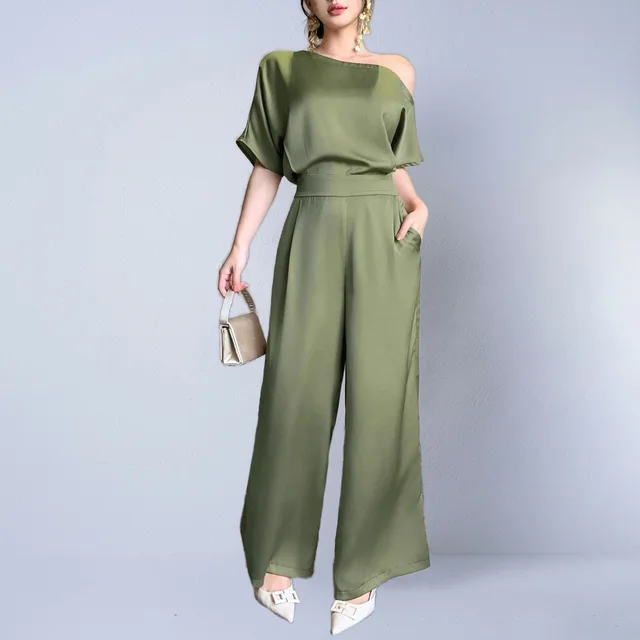 Silky elegant Asymmetrical Jumpsuit For Women Green - Shop at LoveMi