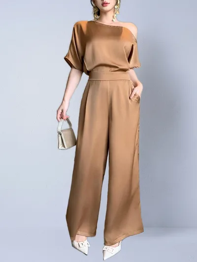 Silky elegant Asymmetrical Jumpsuit For Women Khaki - Shop at LoveMi