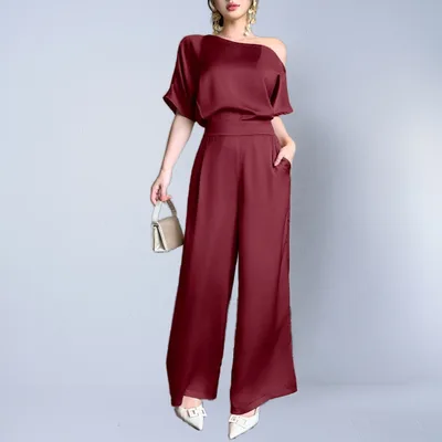 Silky elegant Asymmetrical Jumpsuit For Women Wine - Shop at LoveMi