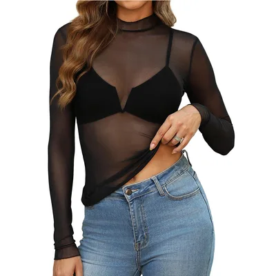 Women's Semi High Neck Sheer Long Sleeve TShirt Sexy Y2K Mesh Top Pure Black - Shop at LoveMi
