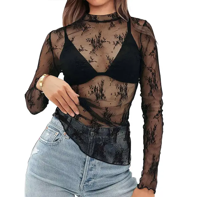 Women's Semi High Neck Sheer Long Sleeve TShirt Sexy Y2K Mesh Top Small Lace Black - Shop at LoveMi
