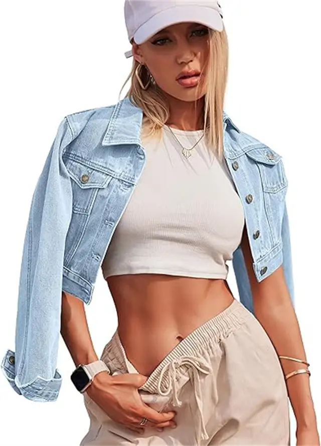 Button Long Sleeve Short Denim Jacket Light Blue - Shop at LoveMi