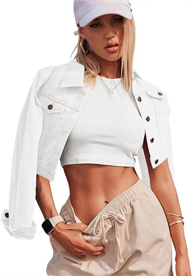 Button Long Sleeve Short Denim Jacket White - Shop at LoveMi