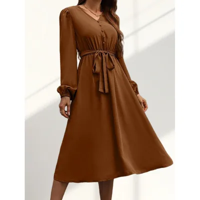Solid color Collar Long sleeve Dress Brown - Shop at LoveMi
