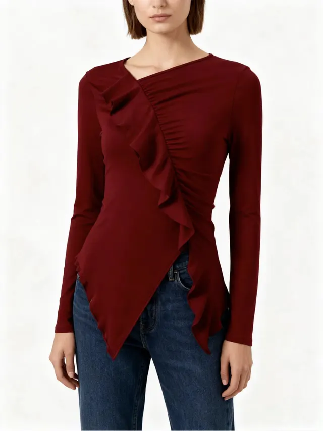 Pleated Ruffled Edge Square Neck Long Sleeve Base Shirt Wine Red - Shop at LoveMi