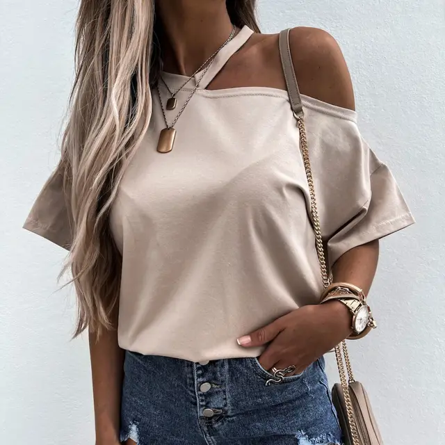 Women's Solid color Patchwork Off shoulder Crew neck Top Apricot - Shop at LoveMi