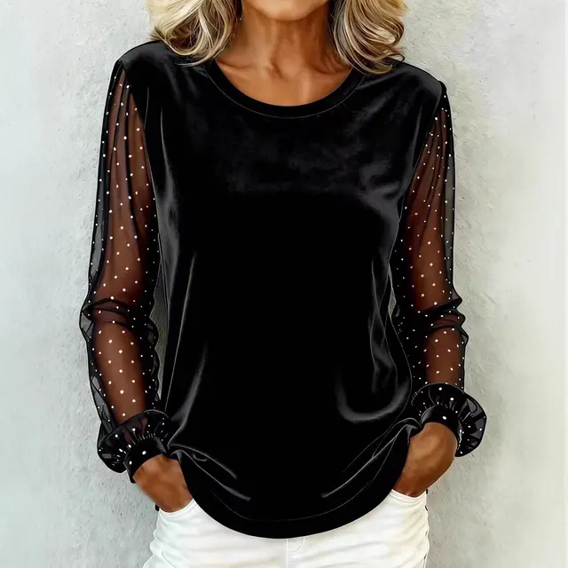 Women's Round Neck Lace Panel Long Sleeve Velvet T Shirt Black - Shop at LoveMi