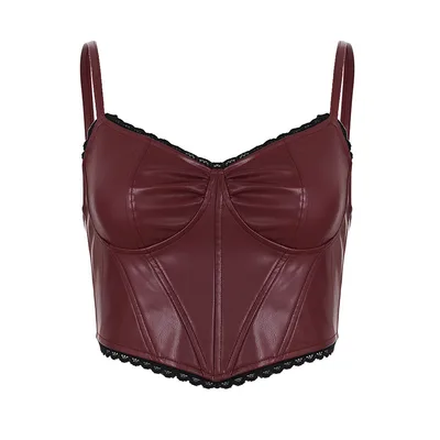 Women's Lace Patchwork Corset Style Asymmetrical Camisole Wine - Shop at LoveMi