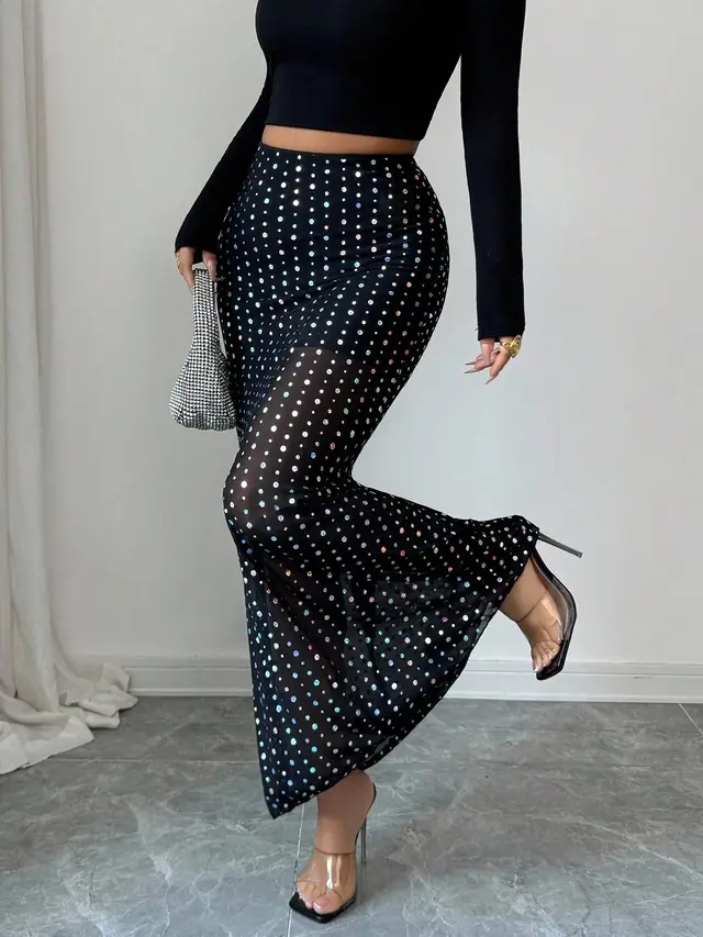 Shimmery Sequin Doublelayer Mesh Highwaist Figurehugging Hipskimming Skirt Black - Shop at LoveMi