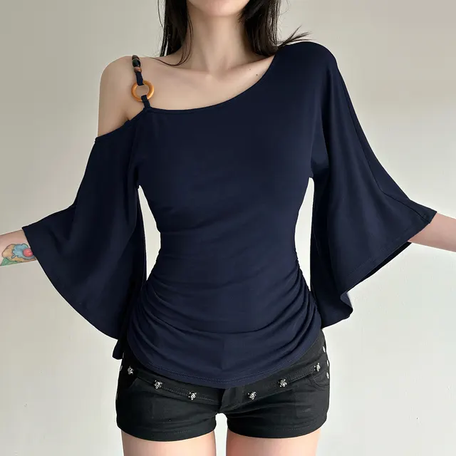 Vintage Off shoulder Beaded strapped Lantern sleeve T shirt Wft39309 Blue - Shop at LoveMi