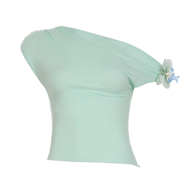 Girly, Sexy, Off the Shoulder Pleated 3D Floral Short Sleeve Cropped T Shirt Green - Shop at LoveMi