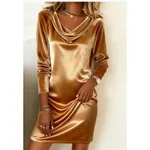 Women's Solid-Color Elegant Midi Long-Sleeve Boat-Neck Dress - Gold
