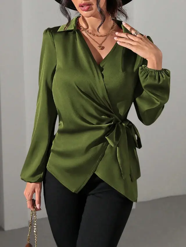 Women's Solid color Designer style Long sleeve Satin Shirt Green - Shop at LoveMi