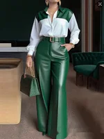 Women's Long-sleeve Shirt And Wide-leg Leather Pants Two-piece Set - Green