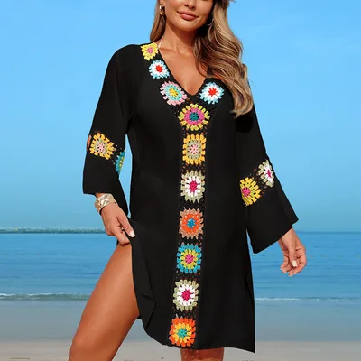 Women's Patchwork Sun Protective Cover Up Dress For Beach Vacations Black - Shop at LoveMi