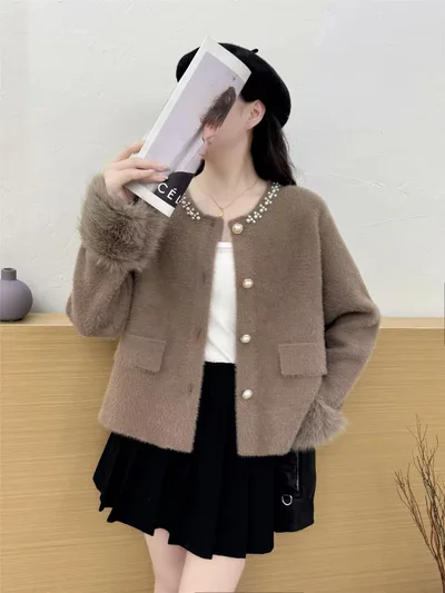 Chanel style Knitted Cardigan Autumn Women's Sweater Jacket Camel - Shop at LoveMi