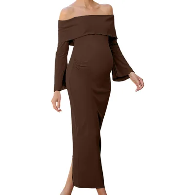 Knitted Stretch Maternity Dress Slim Fit Long Gown Brown - Shop at LoveMi