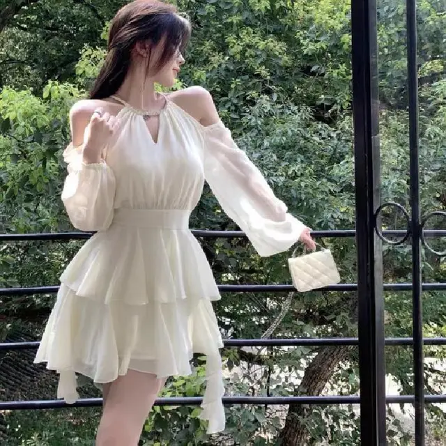 Apricotcolored Longsleeved Dress With A Cinched Waist Slimming Effect And Ethereal Ruffled Hem Apricot Beige - Shop at LoveMi