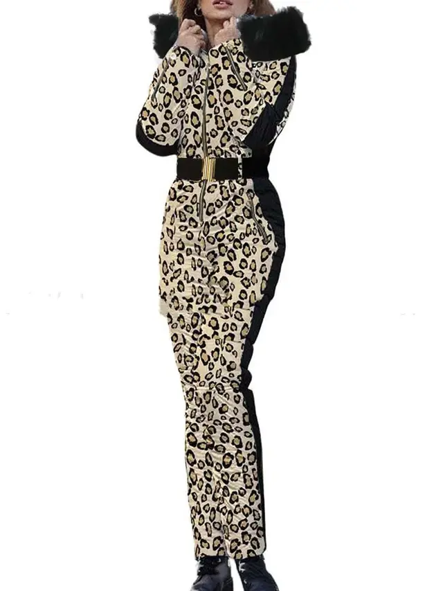 Women's Fashionable Sporty Hooded Ski Suit For Winter Leopard Print - Shop at LoveMi