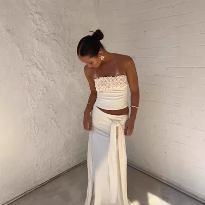 Sexy Patchwork Chest Wrap Midriff baring Top Slim Fit Temperament Sheath Long Dress Suit White - Shop at LoveMi