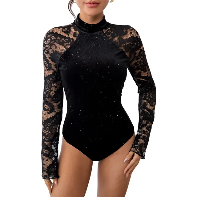 Retro style Sexy And Elegant Half high neck Lace Bodysuit Black - Shop at LoveMi