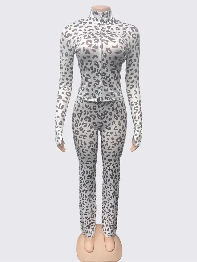 Spicy Girl Leopard Print Slimming Cardigan And Pants Two Piece Set Beige - Shop at LoveMi