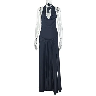 Elegant Halter neck Sheath Dress With A Boat Neckline And Open Back Black - Shop at LoveMi