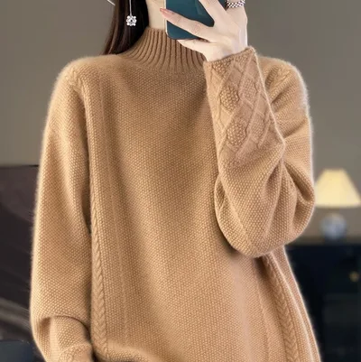 Retro Jacquard Knitted HalfHigh Neck Base Sweater Loose Effortless Base Top Golden Camel - Shop at LoveMi