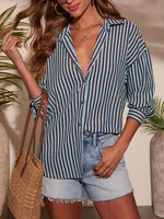 Women's Casual Loose-fit Long-sleeve Shirt With Vertical Stripes - Mixed Color-M - View 1